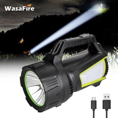 Wasafire Powerful LED Flashlight Portable Torch USB Rechargeable Searchlight Waterproof Spotlight Base Fishing Light Lantern