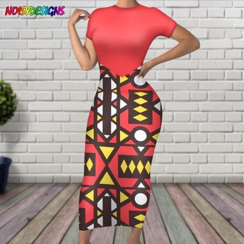 NOISYDESIGNS Woman Pencil Dress Short Sleeve Vestidos Ankara African Style Dresses For Women 2021 Fashion Red Summer Clothes