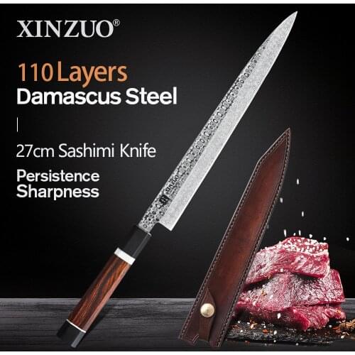 XINZUO 270mm Sashimi Knife with Leather Sheath 110 Layers Damascus Steel High Quality Super Steel Kitchen Fish Filleting Knives