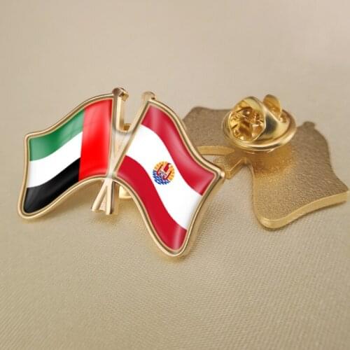 United Arab Emirates and French Polynesia Crossed Double Friendship Flags Lapel Pins Brooch Badges