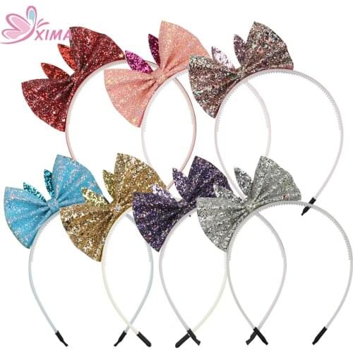 XIMA 7pcs/lot Girls Shiny Sequin Headband Rabbit Ears Hairband for Party Hair Hoop Girls Crown Tiara Headwear