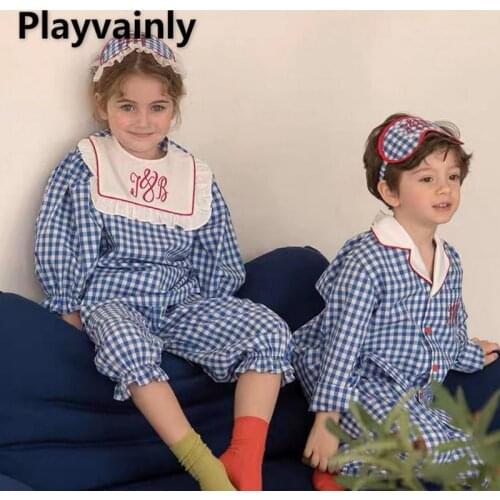 2021 Autumn Girls Boys Pajamas 3-pcs Sets Blue Plaid Long Sleeves Round Collar Top+Pants +Headwear Sleepwear Cute Homewear E1045
