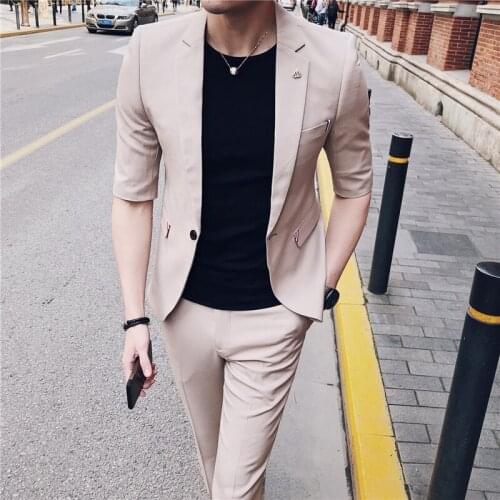 Jacket+Pants) 2021 spring summer mens fashion high-quality casual mid-sleeved suit mens solid color slim party groom tuxedo