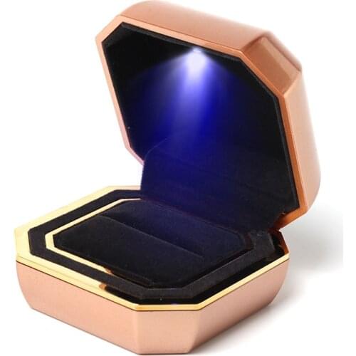Champagne Gold Plastic Octagonal Creative Exquisite Jewelry Ring Pendant Box With Built-in Led Lights And Double-sided Flannel