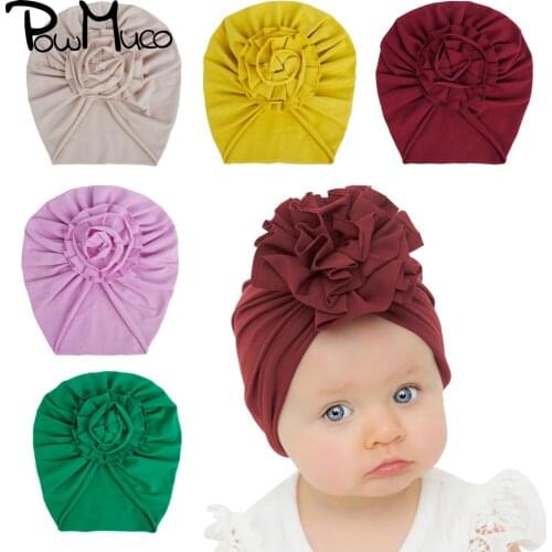 Powmuco 18*17 CM Solid Color Knitted Cotton Hats Handmade Folded Flower Baby Girls Caps Children Turban Clothing Accessories