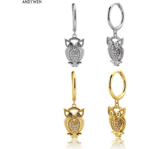 ANDYWEN 925 Sterling Silver Owl Drop Earring Piercing Nighthawk Luxury Zircon CZ Jewelry 2020 Fashion Rock Punk Loops Circle