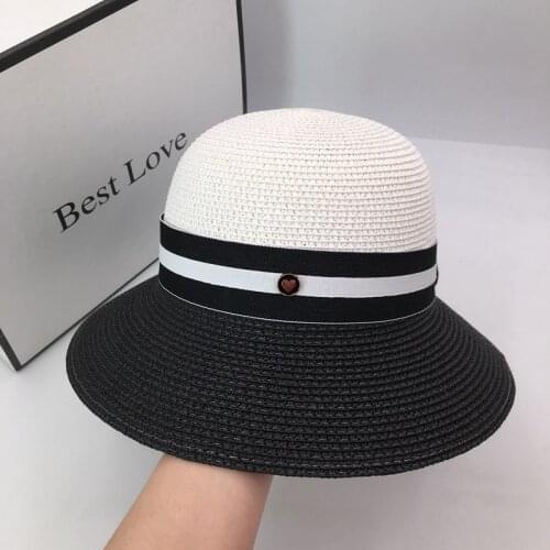 Summer basin Hepburn wind womens straw bucket cap hat elegant fashion black and white