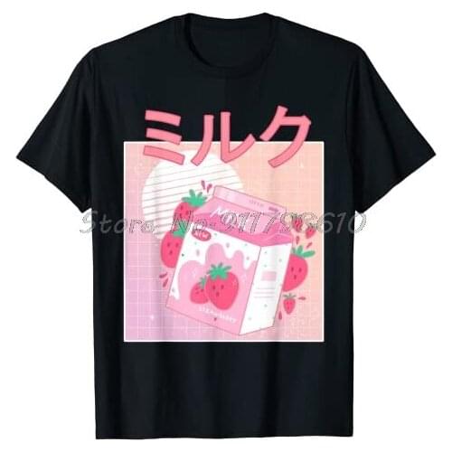 Fun Retro 90s Japan Cute Strawberry Milk Shake Carton T-shirt Womens Short-Sleeved Cotton Tops Harajuku Graphic Oversized Tee