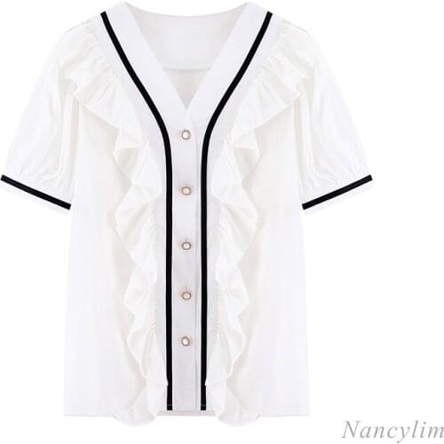 Womens Ruffled V-neck Short Sleeve Shirt 2021 Summer Korean Style Loose Female White Blouse All-Match Casual Top Nancylim