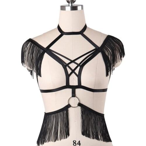 Womens Sexy Tassel Black Tops Body Harness Bra Elastic Bondage Harness Lingerie Fetish Goth Rave Wear Cage Bra