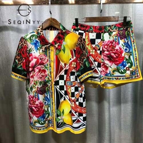SEQINYY Sicily Suit Summer Spring New Fashion Design Women Runway Long Shirt + Shorts Plaid Vintage Flowers Leopard Print