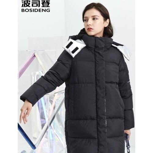 BOSIDENG Womens Detachable Hat Puff Goose Down Jacket Medium Long Winter Warm Fashion Coat B90141034