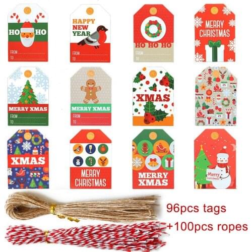 196pcs Merry Christmas Hanging Tags Rope set Kraft Paper Hanging Tag Label DIY Christmas Decorations for Home 2020 Xmas New Year