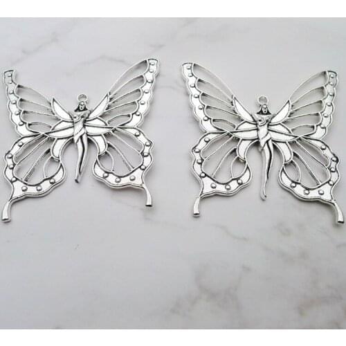 2 PCS/Lot 58mm*59mm Pendant Antique Silver Color Butterfly Charms For DIY Jewelry Making Handmade Craft