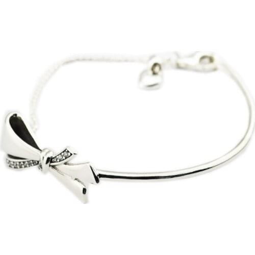 QANDOCCI 925 Sterling Silver Brilliant Bow Bracelet, Clear CZ Fits for Original Bracelets Jewelry 2018 Mothers Day Gifts