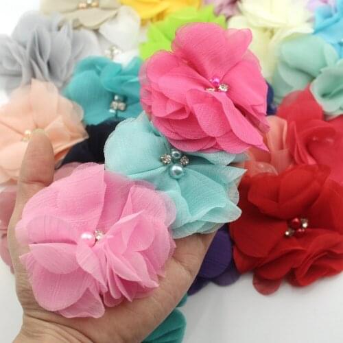 3 " Soft Chiffon Flowers Handmade Two Pearl Two Rhinestone Flower,Beaded Flower,BF024
