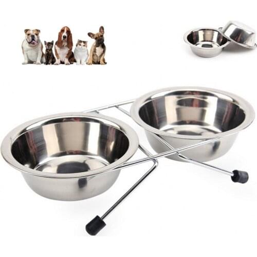 Stainless Steel Pet Double Bowl Solid Cat Bowl With Bracket Small Medium Large Dog Feeding Feeder Water Bowl Pet Food Utensils