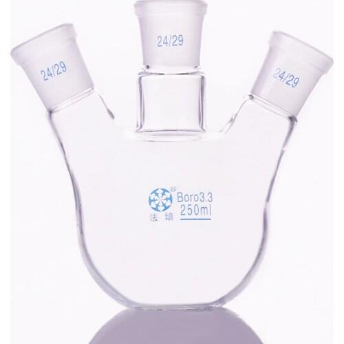 Three-necked flask oblique shape,with three necks standard grinding mouth,Capacity 250ml 24/29,Three-necked flat bottom flask