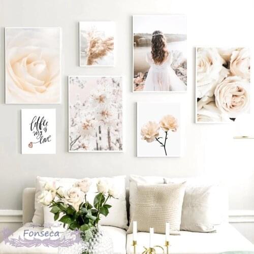 Pink Apricot Cherry Rose Flower Reed Girl Canvas Painting Nordic Landscape Posters and Prints Wall Art Pictures for Living Room