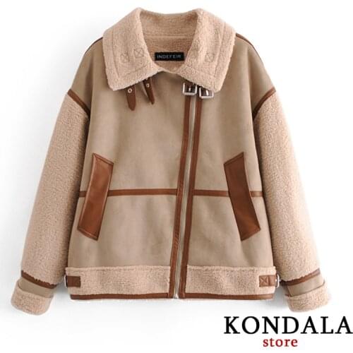 KONDALA Za Women Jackets Fut Patchwork Casual Thick Coats Mujer Turn Down Collar Pockets Faux Leather Loose Parka Mujer Outwear