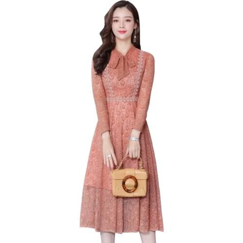 Lace Dress Womens New Spring Autumn French Retro High-end Sexy Long Dresses Lady Thin Plus Size Long sleeve Printed Dresses