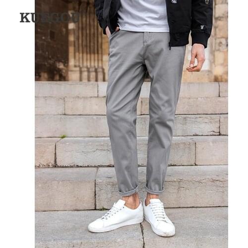 KUEGOU Cotton Spandex Mens Micro-elastic Casual Pants Fashion Slim Tapered Trousers Spring Summer Off White Black KK-3006