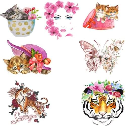 DIY Cat Tiger Flower Stickers Iron On Transfers For Clothing Thermo Sticker On Clothes Cartoon Patches Heat Transfer Accessorie