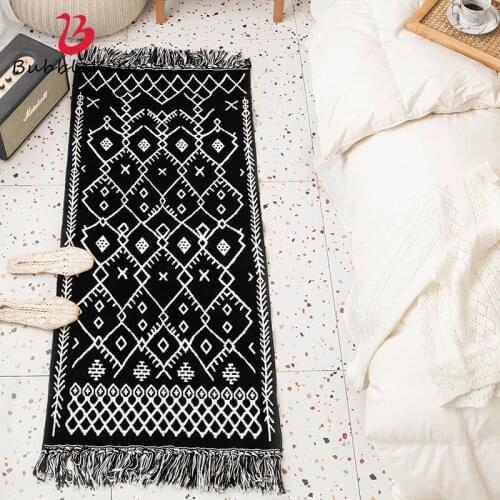 Bubble Kiss Tassel Carpet Retro Boho Hand Woven Cotton Linen Floor Mat Black White Living Room Decoration Tatami Geometric Rugs