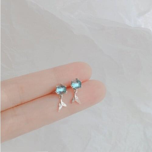 Simple Sweet Mermaid Fishtail Blue Crystal Silver Color Stud Earrings For Women Girls Korean Fashion Luxury Jewelry SD2289