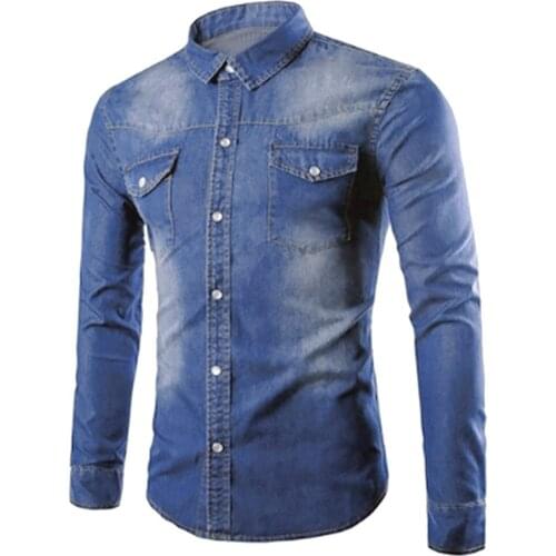 Mens Denim Shirts Slim Fit Long Sleeved Shirt Denim Shirt Men Casual Slim Fit Button Shirts With Pocket Hot Selling Men Shirt