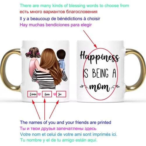 Creative DIY mug Gold handle Personalized Coffee Mug Family Mom and Daughter Son Happiness Is Being A Mom Gift Mugs Cups