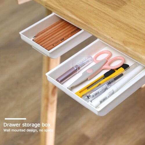 1pc Self-adhesive Table Drawer Storage Box ABS Plastic Under Desk Desktop Sundries Student Stationery Pencil Organizer Tray Box