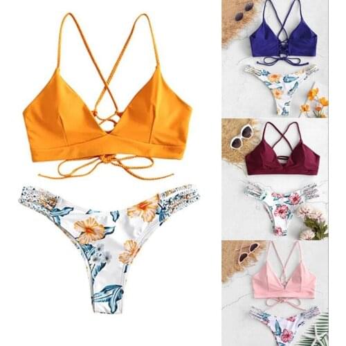Sexy Women Bra Set Flower Print Two Piece Swimsuit Sleeveless Swimwear Beachwear Off Shoulder Bra Suits Female Underwear Set