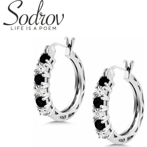 SODROV 2021 New Genuine 925 Sterling Silver Earrings Hoop Earrings for Women Black Spinel Silver 925 Jewelry I174