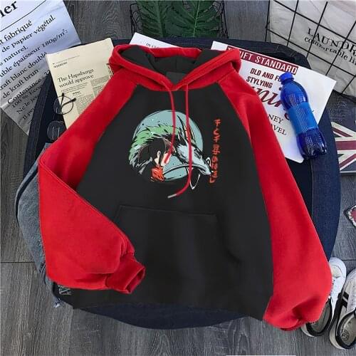 Spirited Away Japan Anime Print Sweatshirt Female Harajuku Pocket Hoodies Loose Fleece Hoodies Raglan Pullover Hoody Womens New