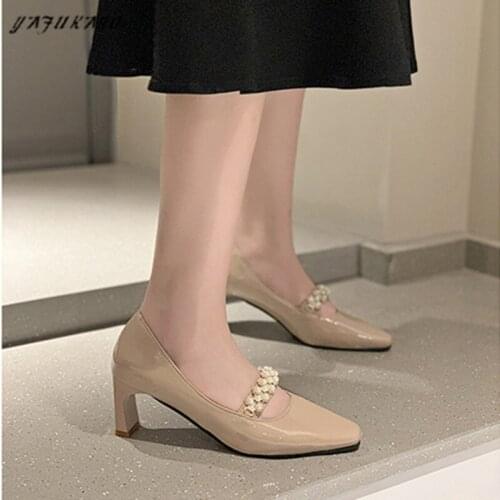 Thick Heel Square Toe Single Shoes Womens Sweet Pearl Mary Jane High Heels Fashion Grandma Shoes Elegant Lady Office Work Pumps