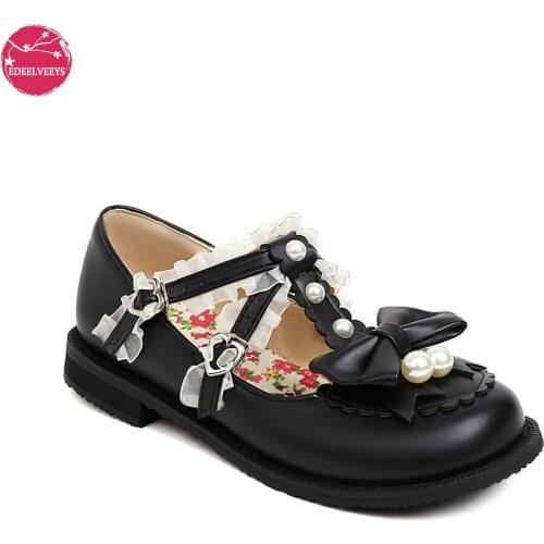 Women Fashion Flats Heel Bow Pearl Buckle Strap Lace Ruffles Round Toe Elegant Cosplay Lolita Mary Janes Shoes Dropshipping