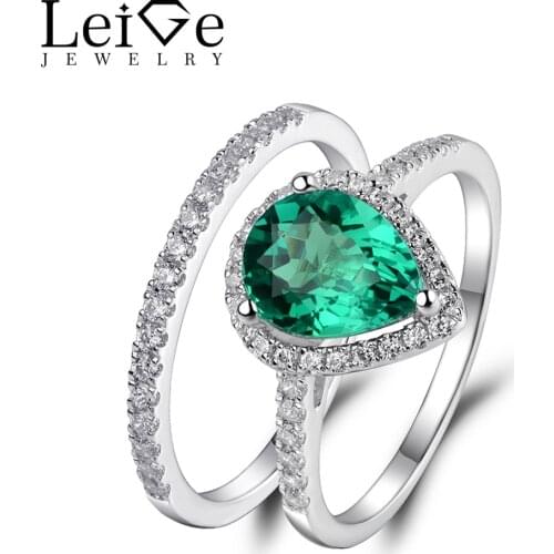 Leige Jewelry Engagement Ring Set Pear Cut Green Emerald Rings 925 Sterling Silver Wedding Anniversary Gift for Women