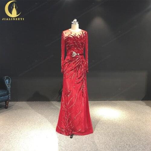 JIALINZEYi Hot Sale Real pictures wine red long sleeves Luxurious Beads Crystal Floor Length Party dress Evening dresses
