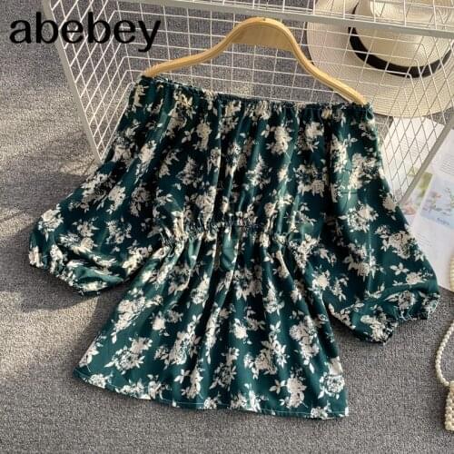 2021 New Summer Women Fashion slash neck puff sleeve Shirt high waist pleated waist floral print short Shirt Top