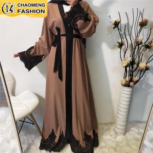 Middle East Fashion Ramadan Patchwork Lace Long Cardigan Muslim For Women Dubai Abaya Maxi Robe Kimono Turkish Islamic Clothing