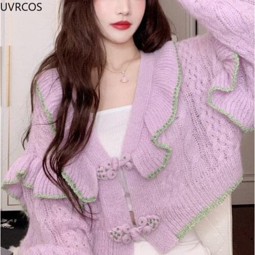 Pink Ruffle Knitted Cardigan Girly Style V Neck Sweater Coat Women Sweet Loose Top mesh fashion Long Sleeve Knitwear Chic Button