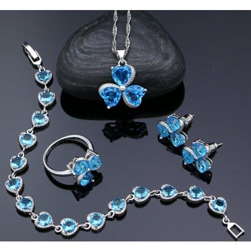 925 Silver Jewelry Sets for Women Sky Blue Stones Anniversary Gift Stud Earrings Pendant Ring Bracelet Necklace Sets
