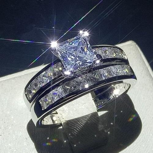 Stunning Handmade Fashion Jewelry Hot 10KT White Gold Filled Princess Cut 5A Zirconia CZ Women Wedding Band Bridal Ring Set Gift