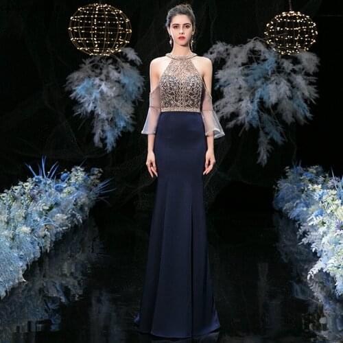 Vestido De Festa Para Casamento New Lace Crystal Trumpet Sleeves Gold Navy Blue Sexy Mermaid Gaun Pesta Dewasa Luxury Sukienka D