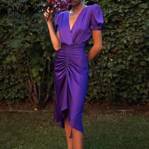 Women Solid Elegant V-neck Ruched Puff sleeves Midi Sexy Party Purple work Dresses