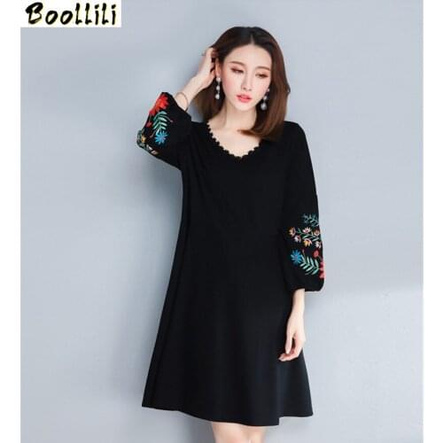 Boollili 2020 Embroidery Black Floral Dress Women Vintage V-Neck Spring Autumn Loose Casual Dresses Vestidos Plus Size 5XL