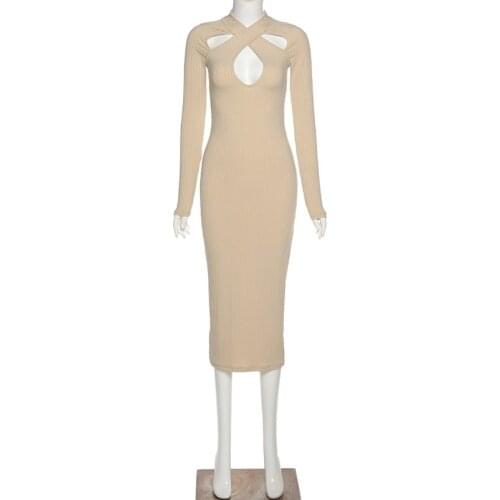 2020 Autumn Winter Momens Chic Hollow-out Round Neck Long Sleeve Dress Fashion Sexy Tight Party Dress Femme Clothing