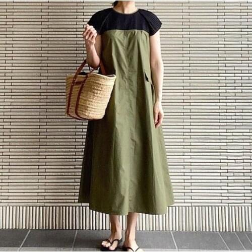 Spring Summer 2021 New Loose Pleated Patchwork Contrast O-Neck A Line Casual Dress for Women X398