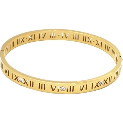 2021 Wholesaler Zircon Jewelry Titanium Steel Roman Numeral Yellow Gold Tone 6mm Cuff Bangle Bracelet for Women